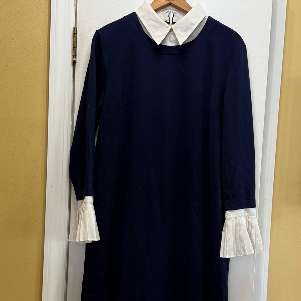 Elegant Navy Blue Dress with White Accents